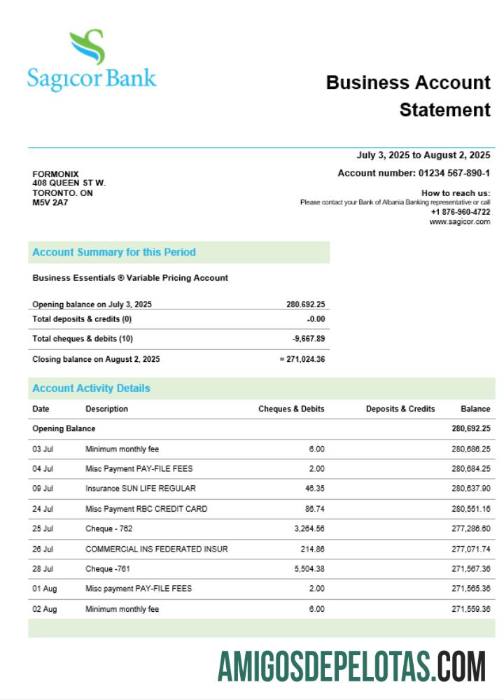 Baixável Sagicor empresa bancária extrato de conta corrente modelo Word e PDF